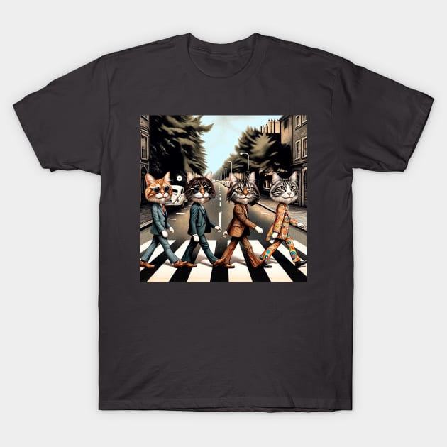 Feline Fab Four - Cat Beatles Abbey Road Parody Art T-Shirt by Doming_Designs